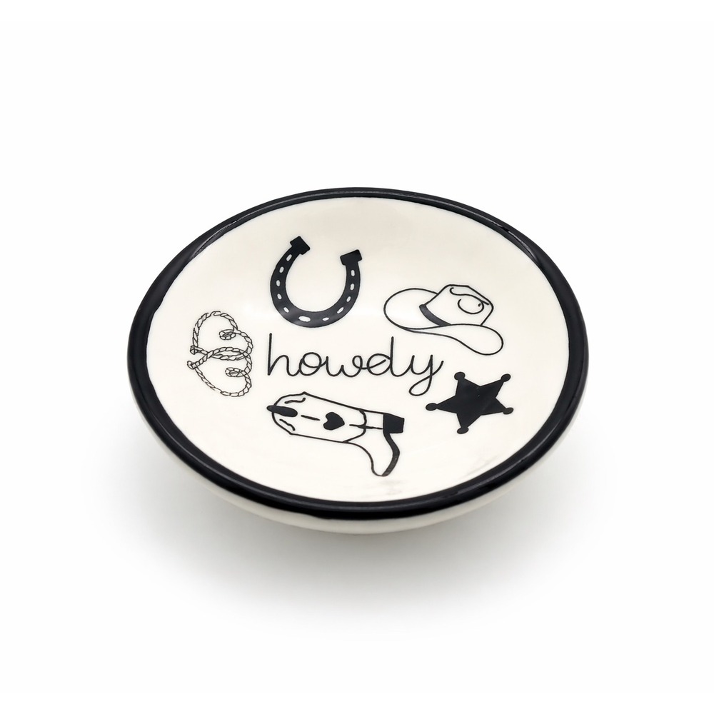 Howdy Western Ceramic Trinket Dish Black White Cowboy Jewelry Tray Cowgirl Decor